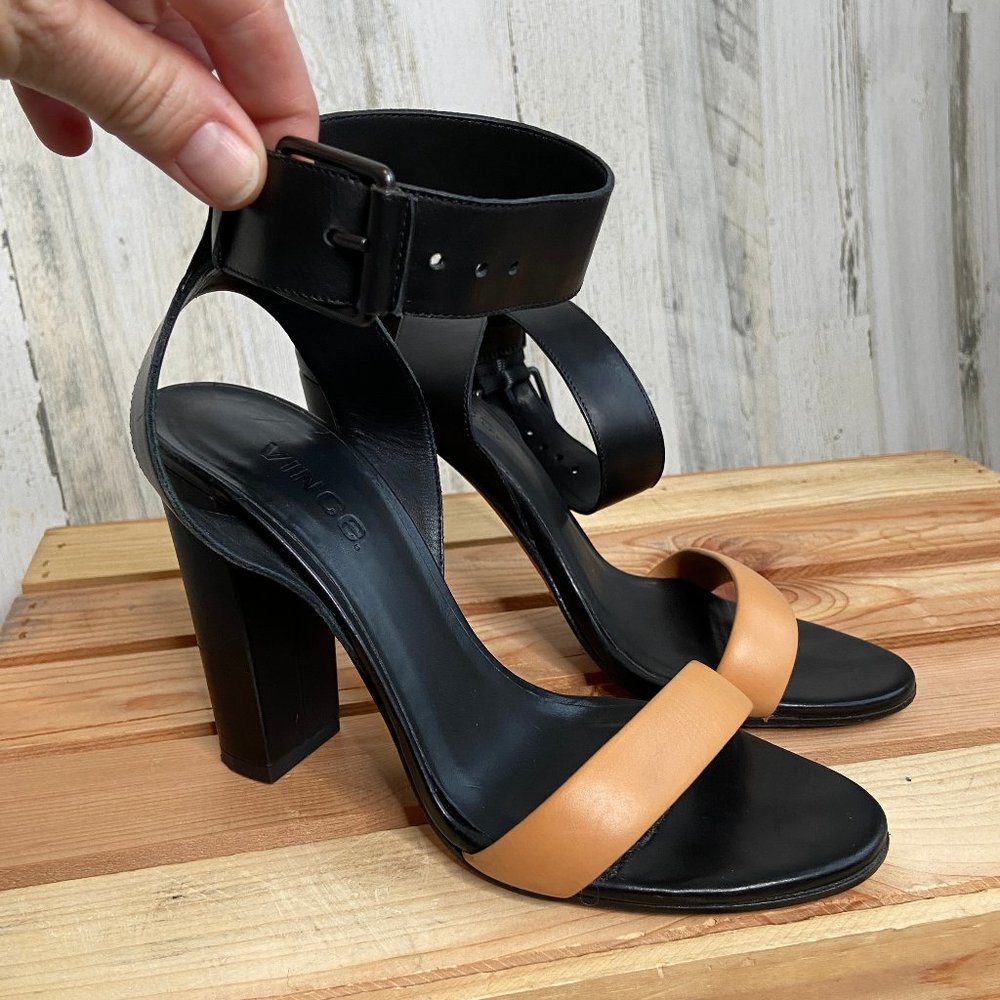 CLEARANCE! VINCE Size 7 Alexa Colorblock Leather Heels Black Tan Ankle Strap